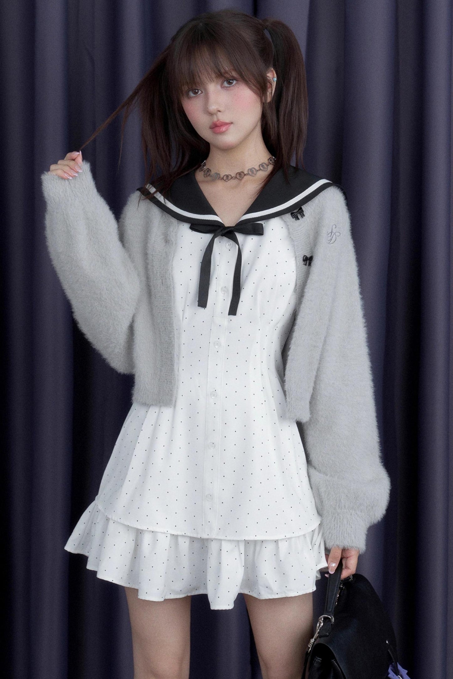 Sailor Neck Dress With Sweater Set-Up