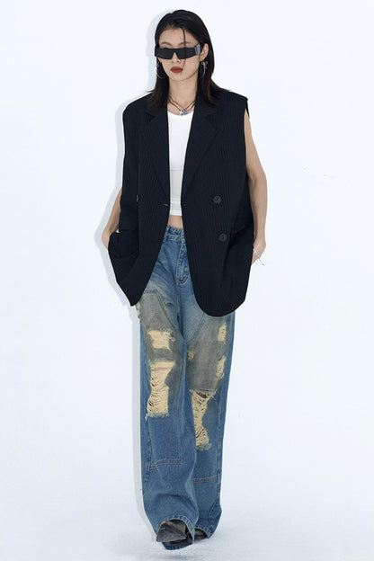 Deconstructed Distressed Wide-Leg Jeans