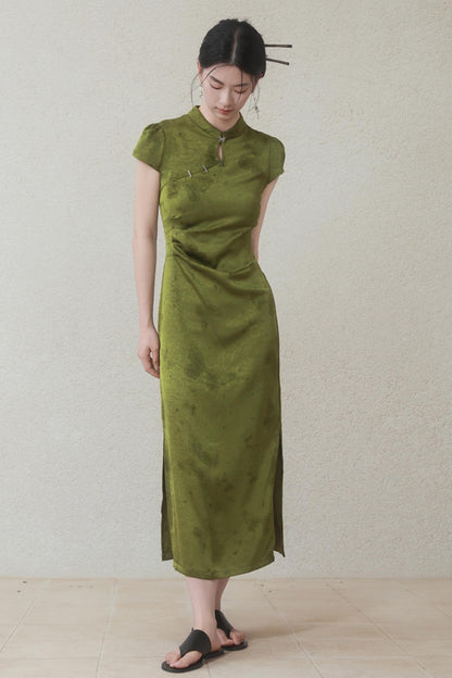 Summer Green Satin Cheongsam Dress