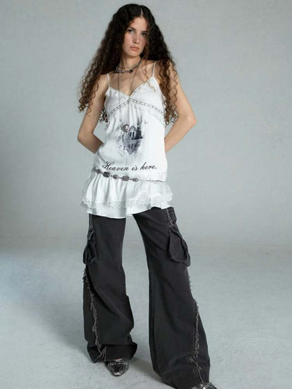 Straight Loose Washed Distressed Trumpet Mop Pants