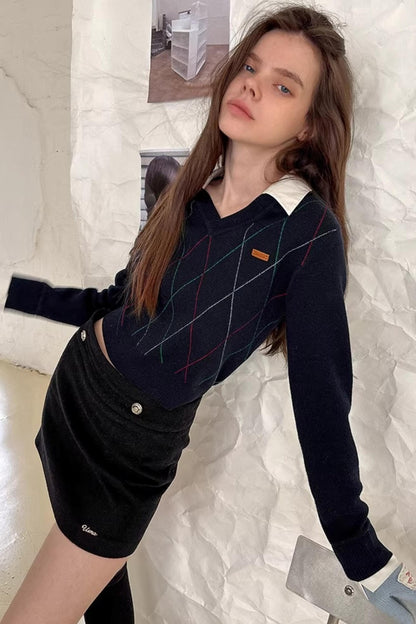 Marineblauer Rautenstrickpullover
