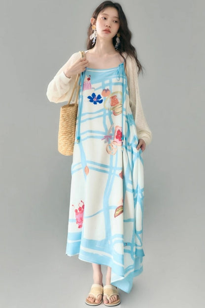 Bread Print Plaid Satin Slip Dress Set-Up