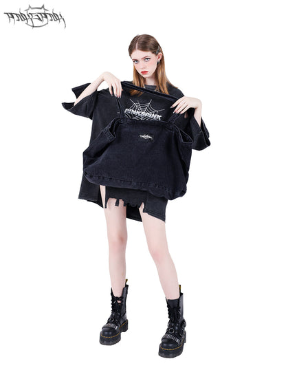 Damaged design washed collar big T-shirt