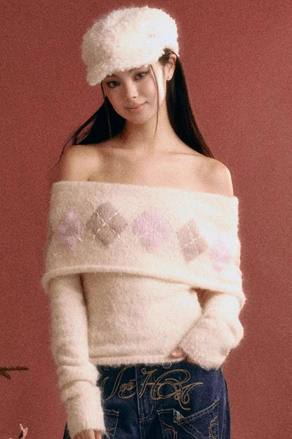 Vintage Argyle Off-Shoulder Sweater