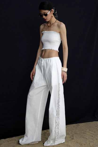 White Elasticated Waist Wide-Leg Trousers