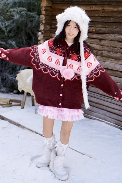 Fair Isle Strickjacke mit Erdbeermuster
