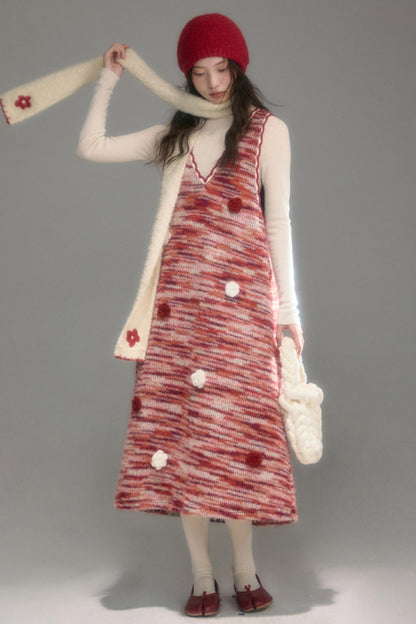 Red Vintage Crochet V-Neck Vest Dress