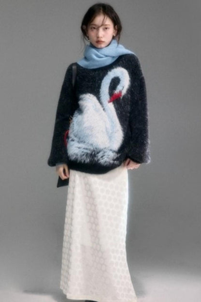 Moonlight Swan Faux Velvet Sweater