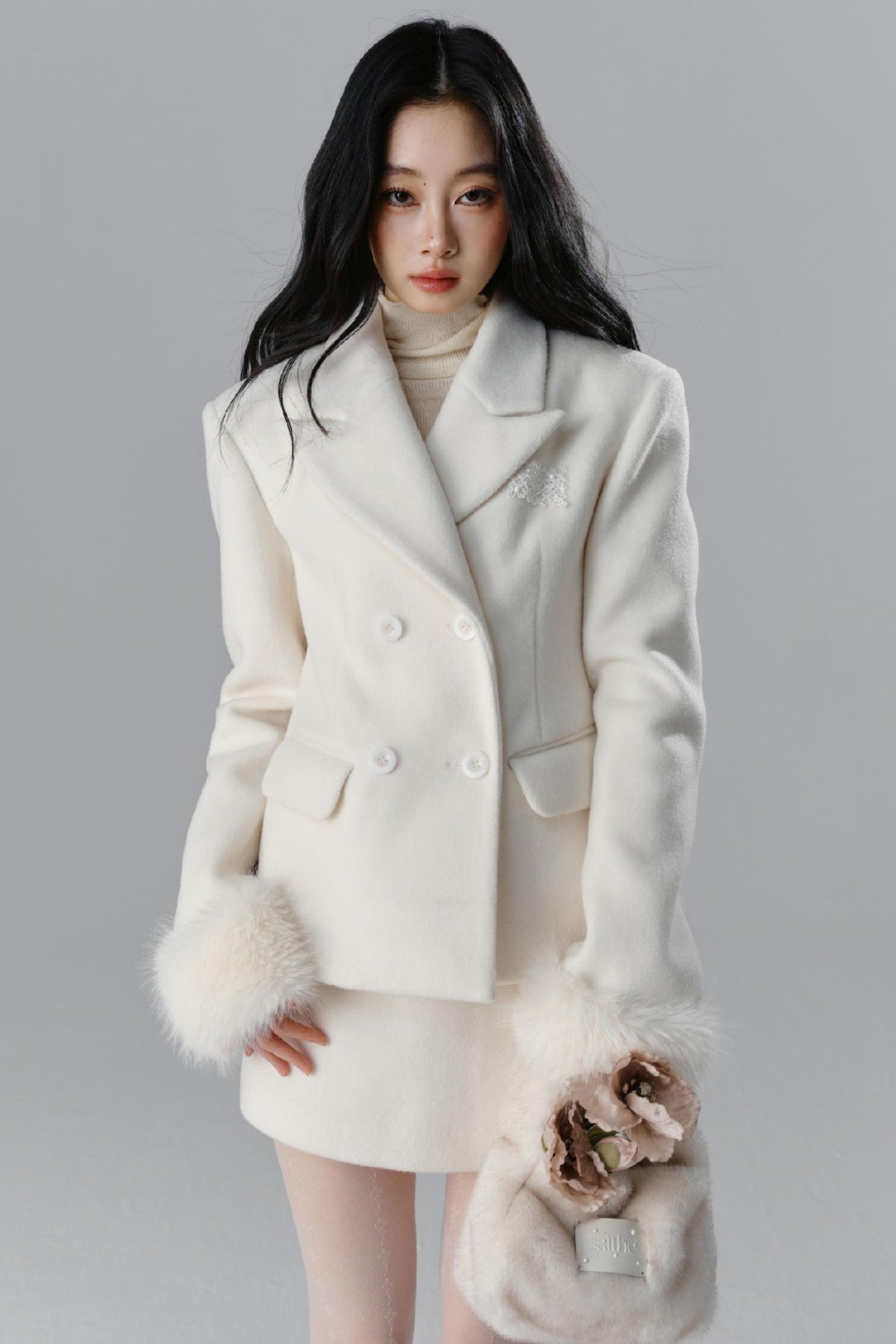 Fur Collar Blazer & Skirt Set-Up