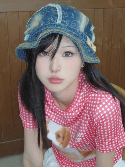 Y2K Retro Japanese Style Angel Wings Denim Fisherman Hat