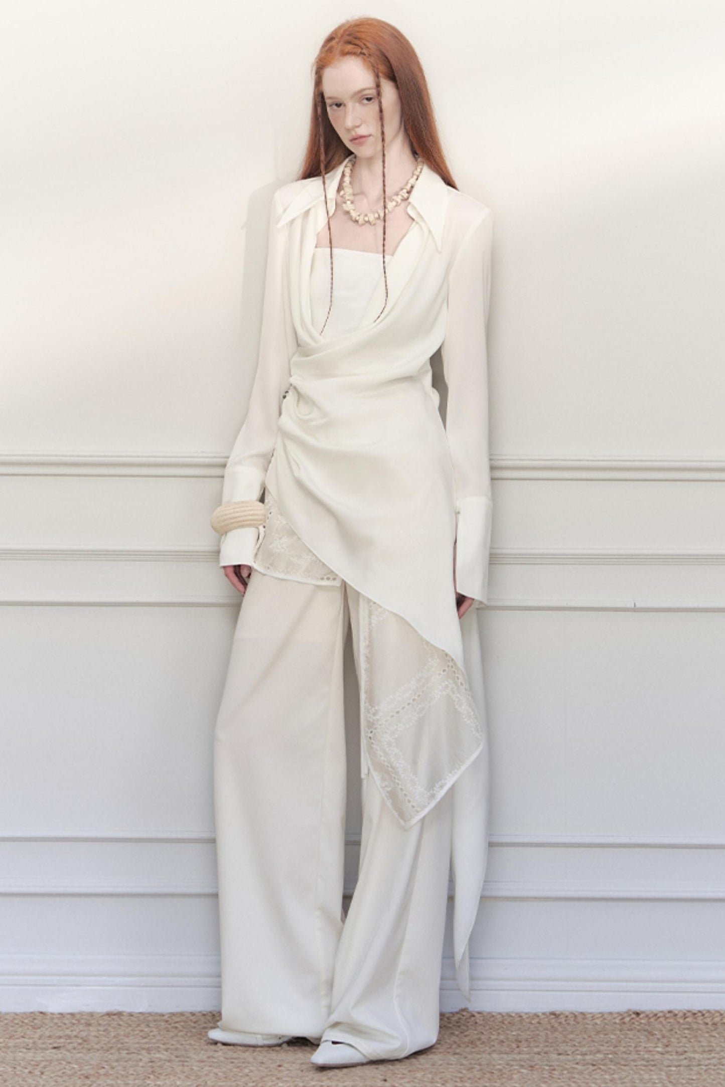 White Pleated Satin Blouse