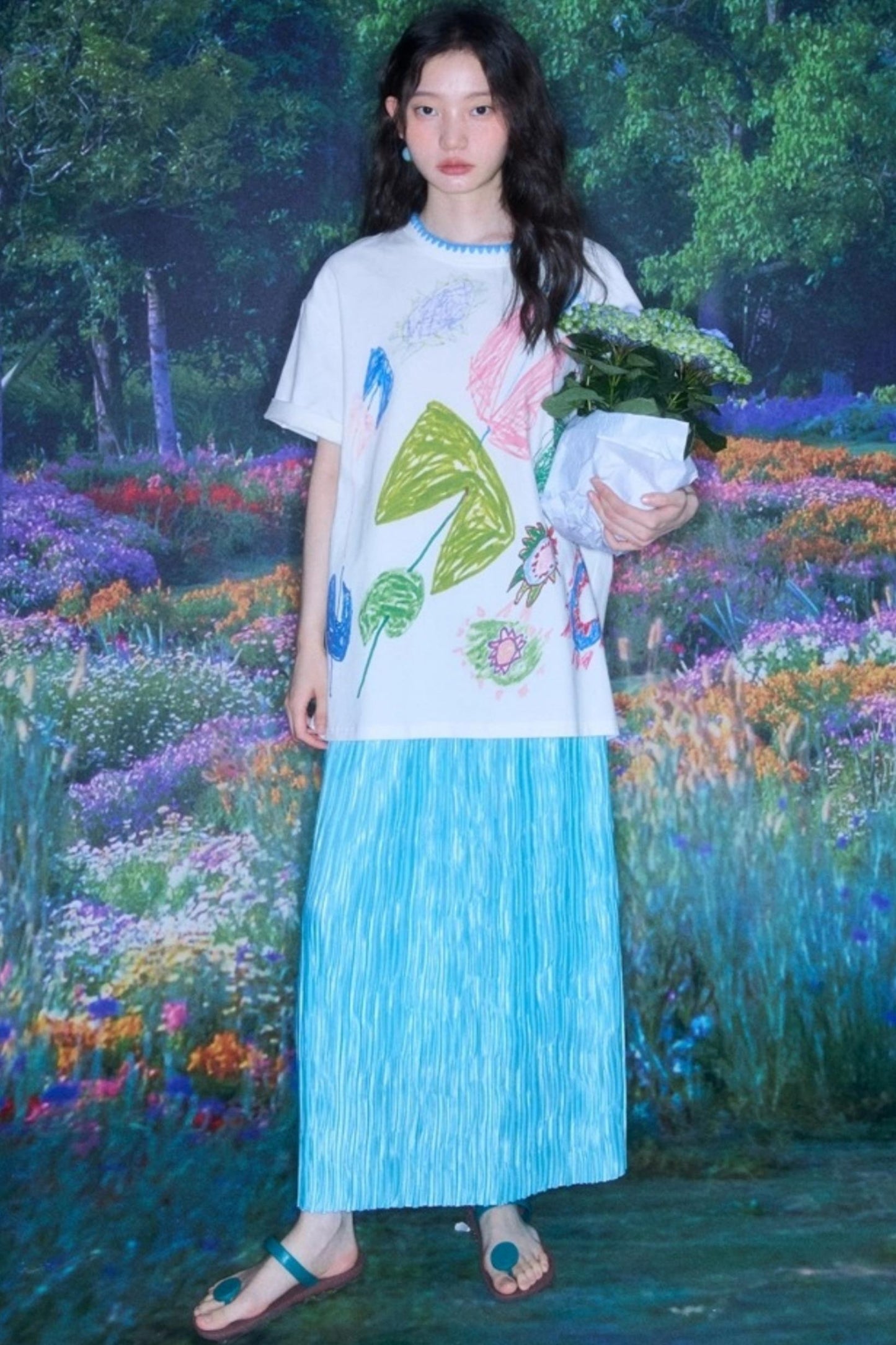 Original Design Glass Blue Elasticated Pleated Skirt