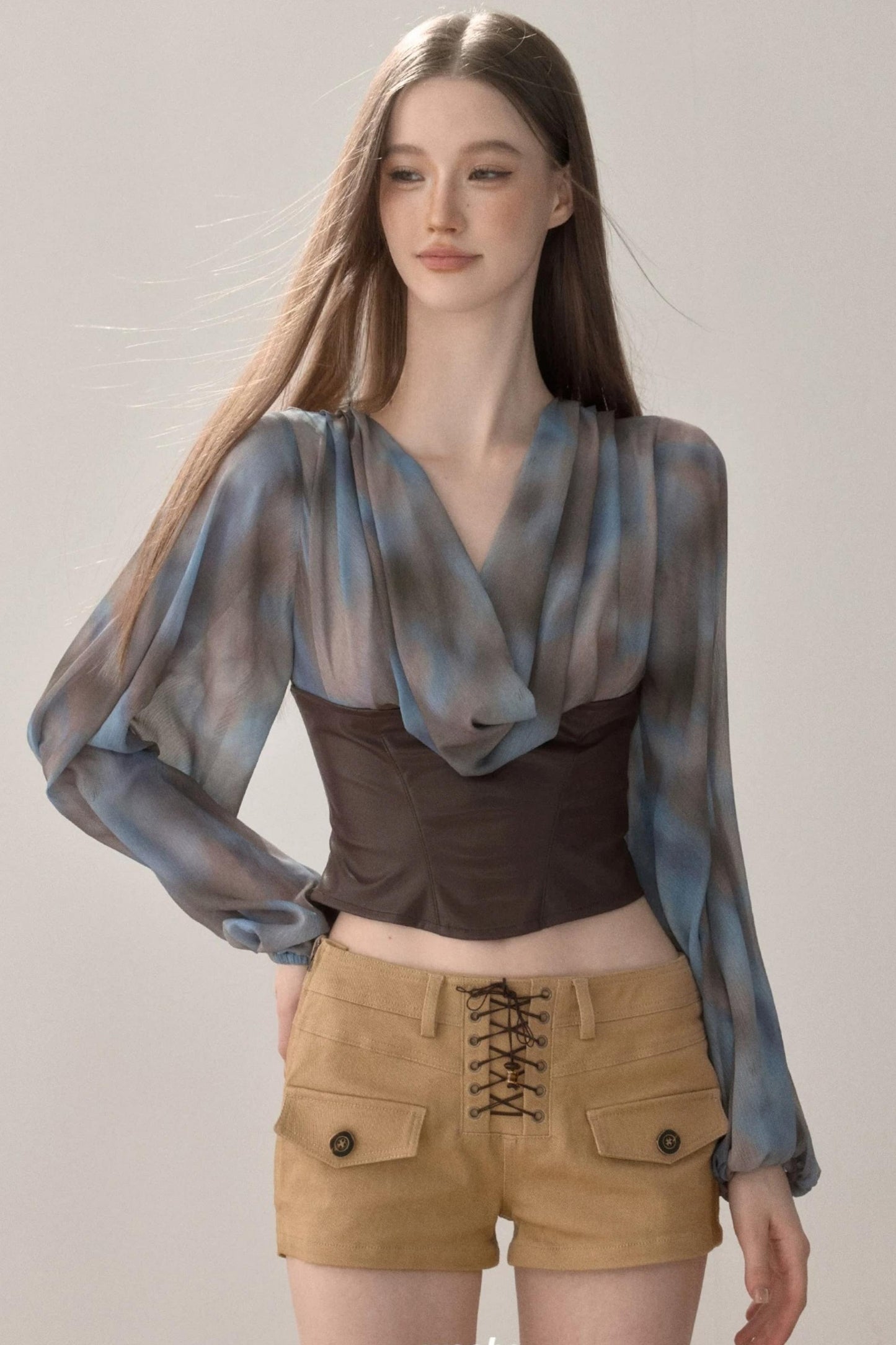 Waist-Cinching Printed Chiffon Shirt