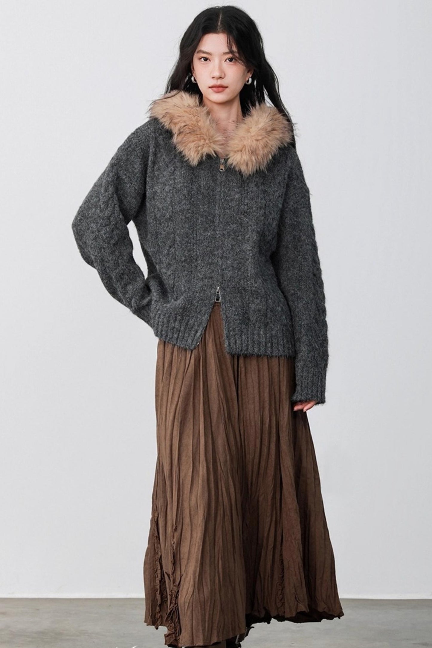 Fog Gray Fur Collar Hooded Jacket