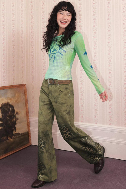 Cotton Washed Leopard Print Denim Pants