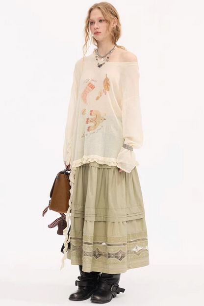 Ruffled Edge Printed Sweater