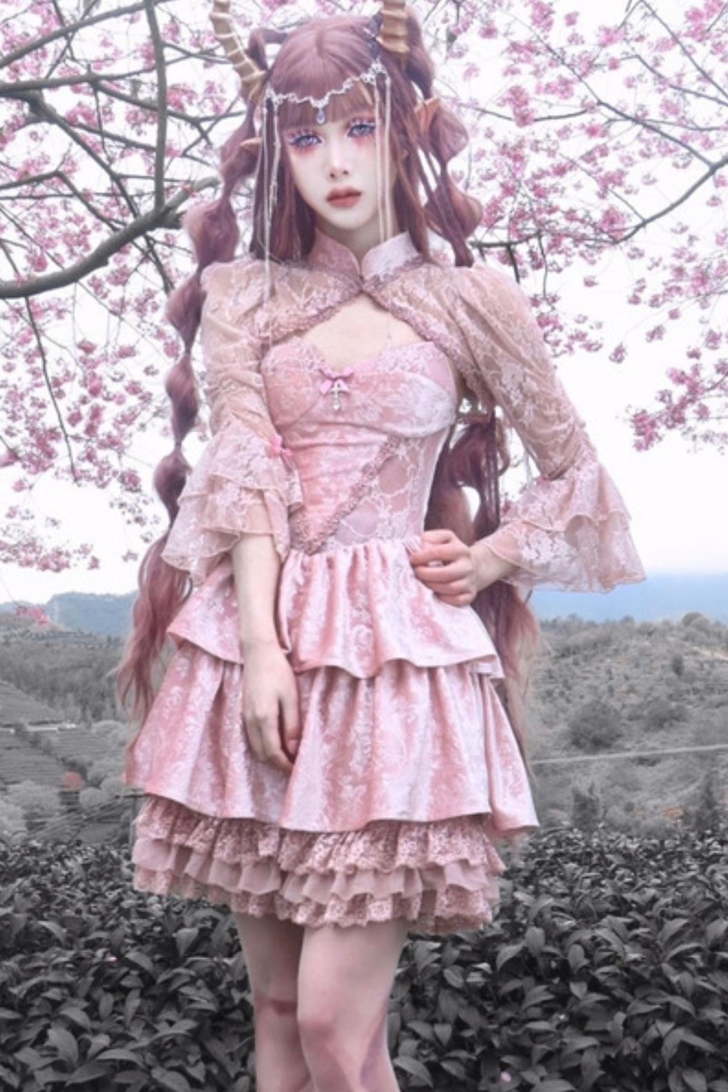 Gothic Lotus Root Pink Strap Dress Set-Up