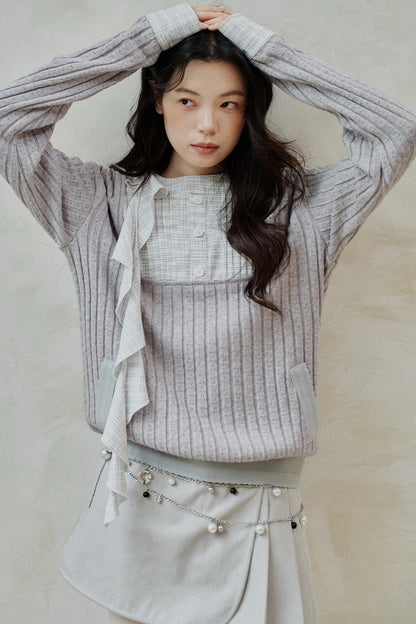 Gray Patchwork Ruffled Knitted Top