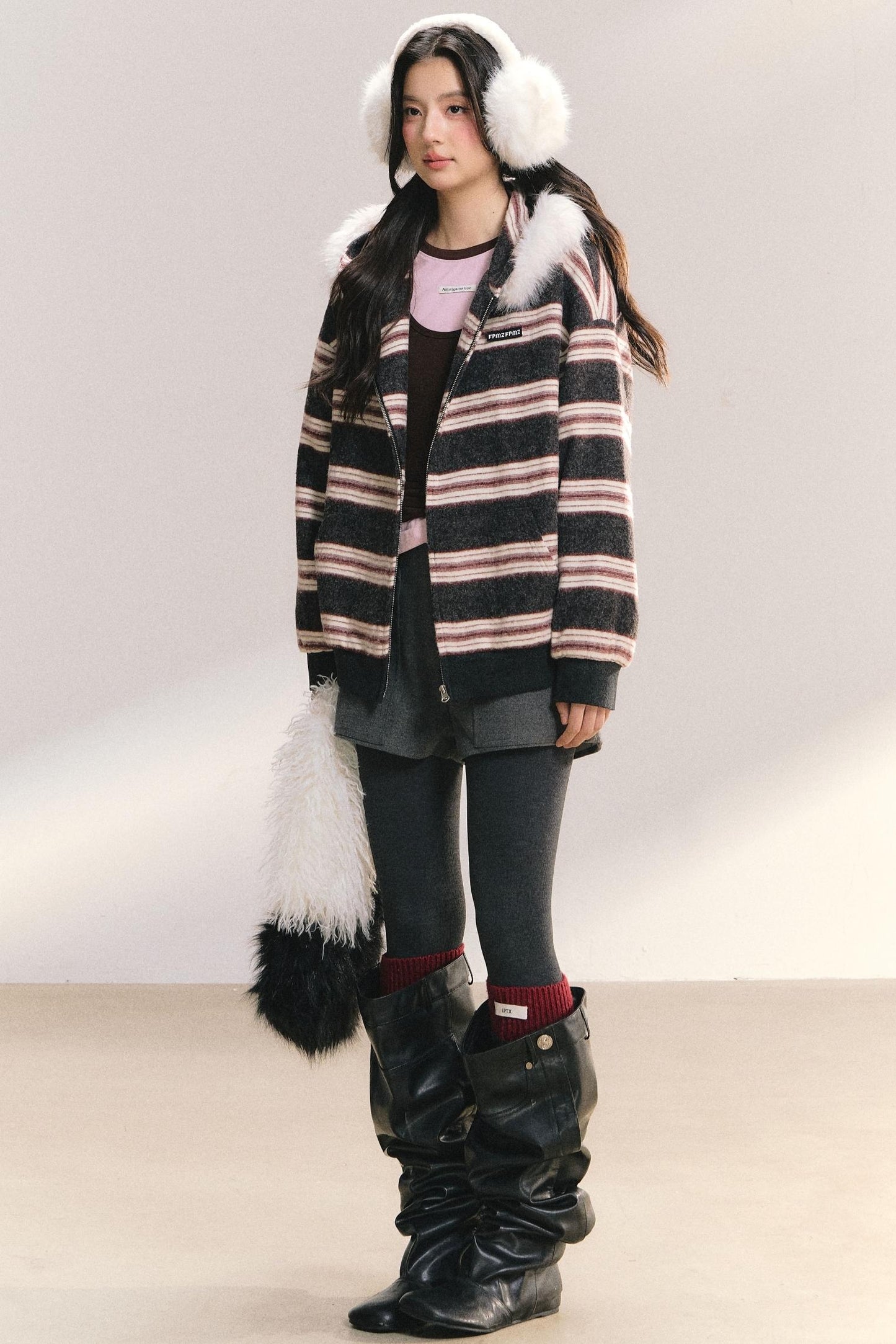 Detachable Fur Collar Striped Jacket