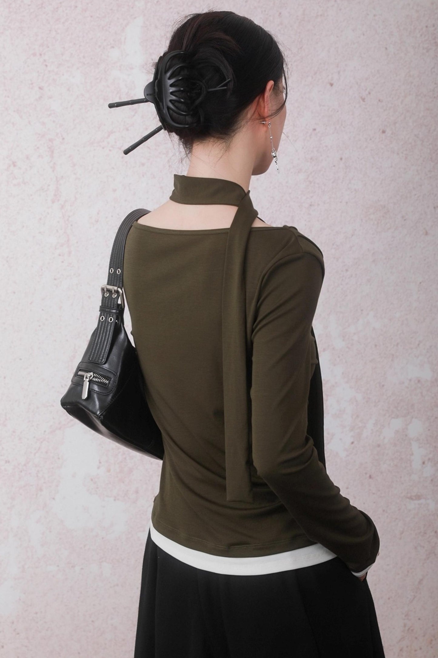 Tencel Lyocell Olive Green Swing Collar T-Shirt