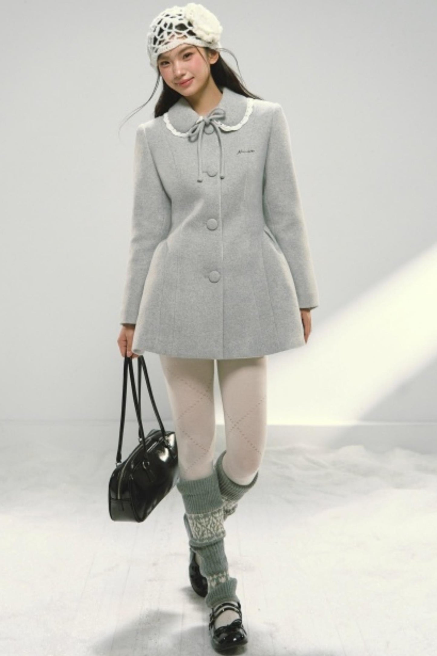 Light Gray Bow Woolen Coat