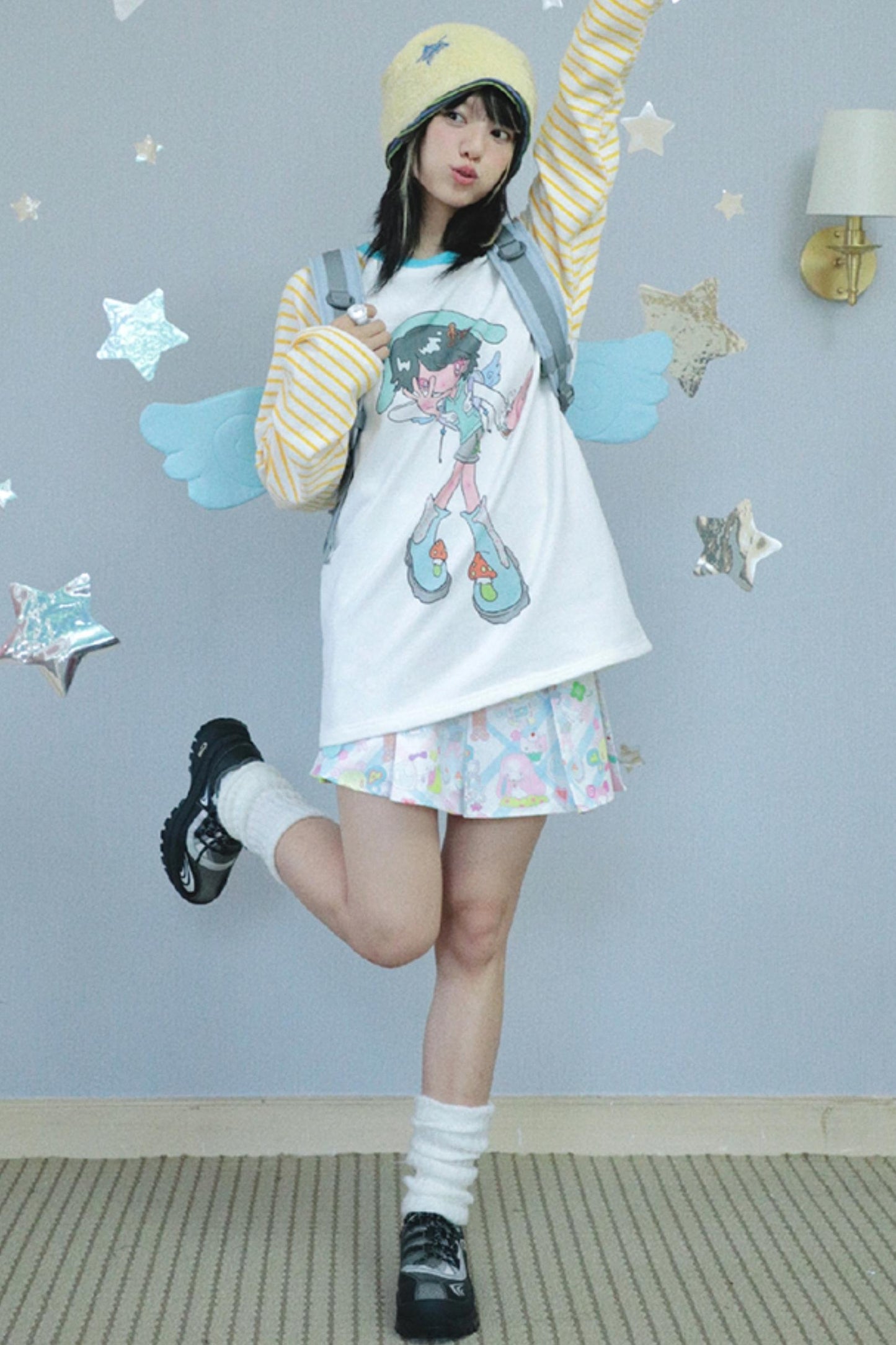 Cartoon Bird Stripe Raglan Sweatshirt