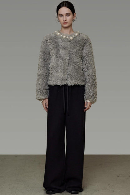 Pearl Collar Faux Fur Jacket
