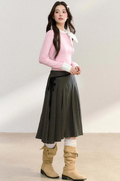 Edge Strap Pleated Midi Skirt