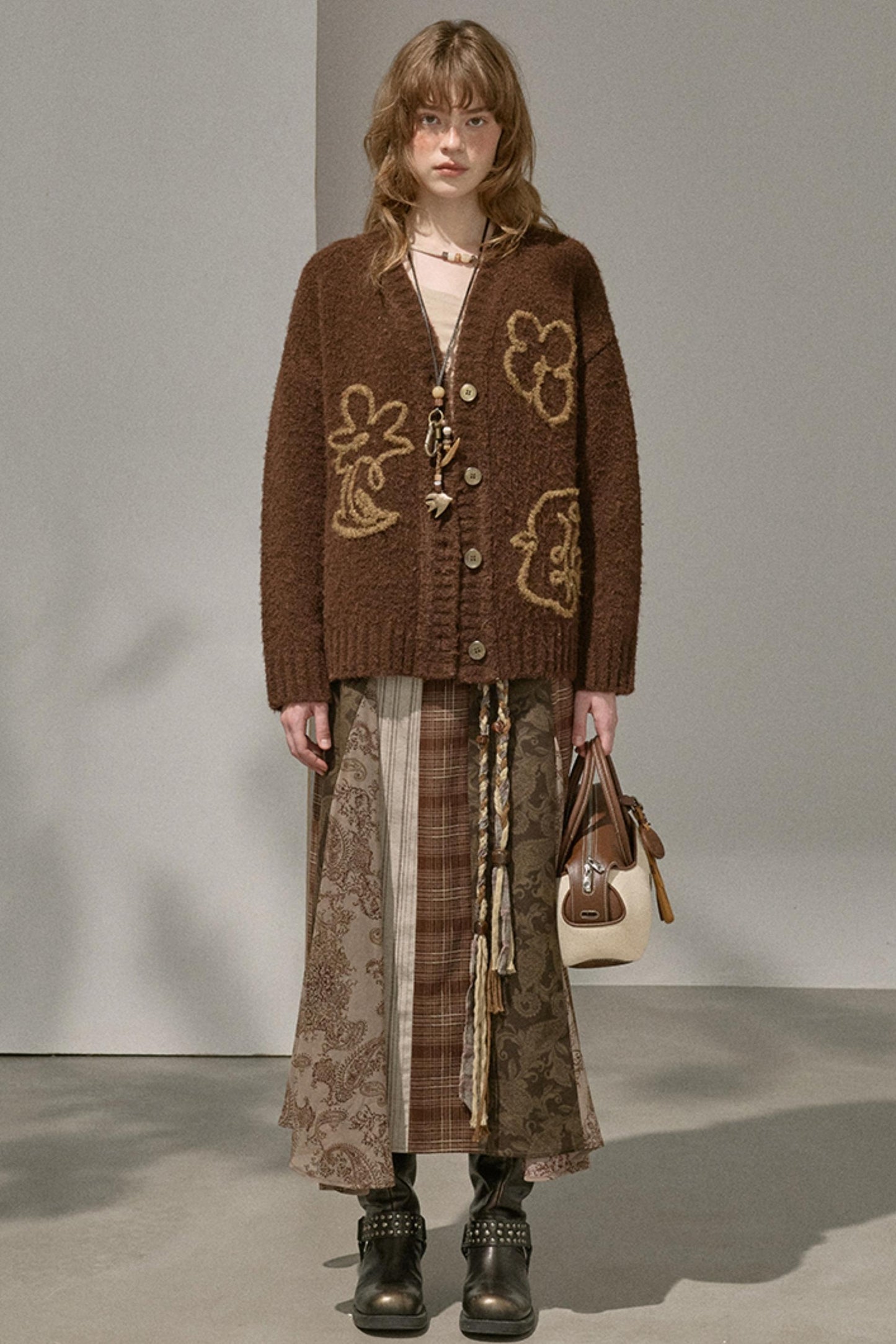 Floral Stitching Brown Skirt