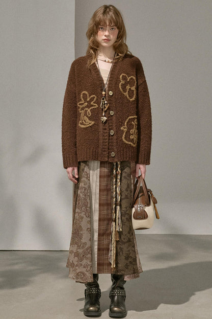 Floral Stitching Brown Skirt