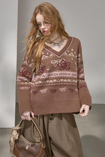 Fair Isle Bow Knit Top