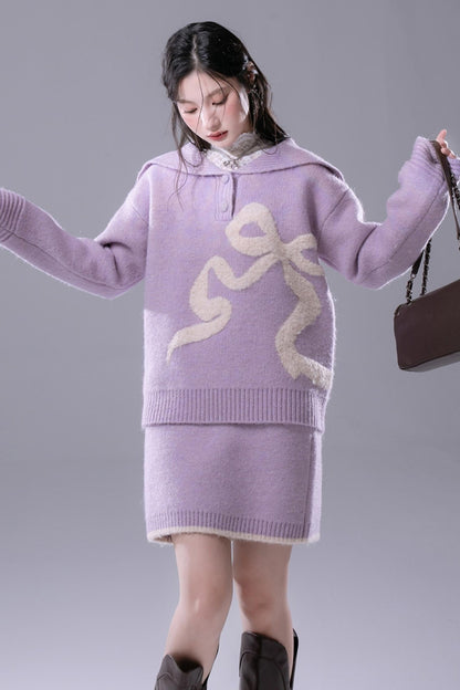 Grape Purple Bow Jacquard Sweater Set