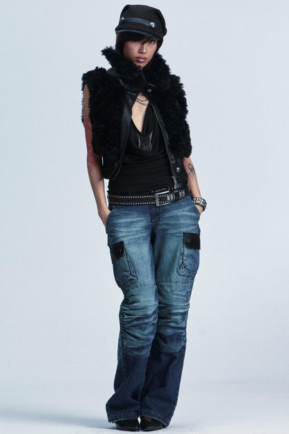 Distressed Denim Patch Pants