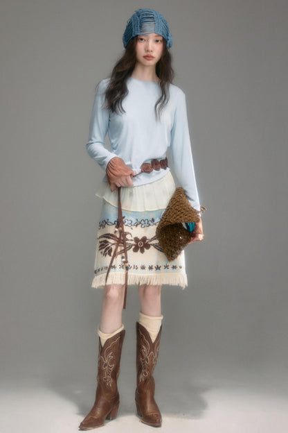 Knitted Panel Long-Sleeved T-Shirt