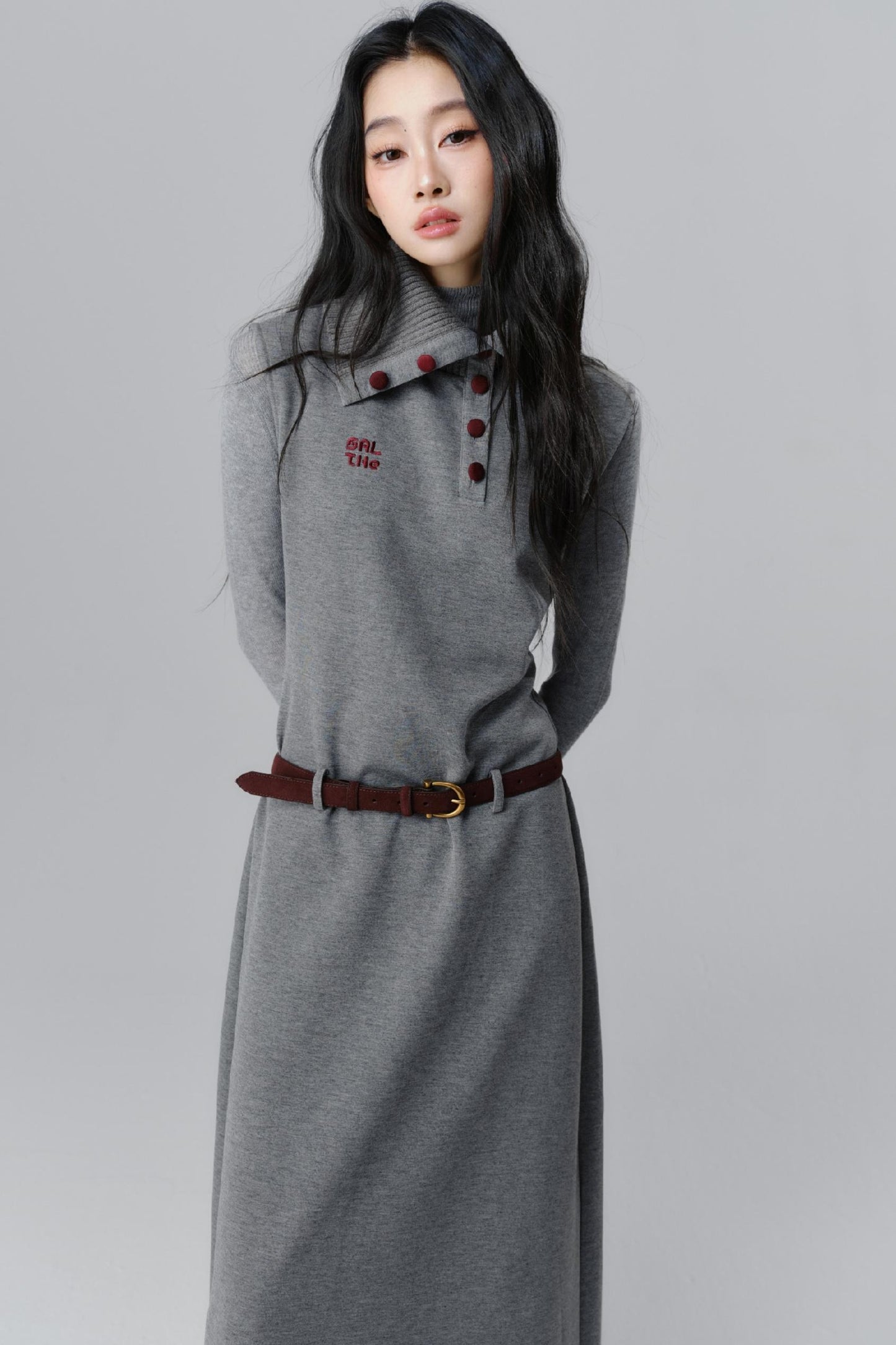 Polo Neck Gray Long Dress Set-up