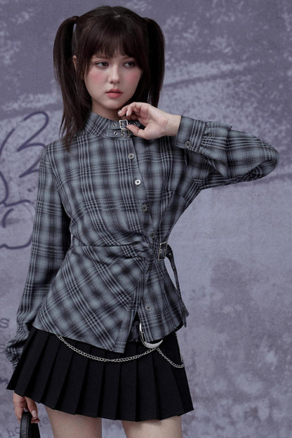 Gray-Blue Plaid Placket Long-Sleeved Shirt