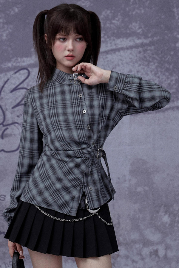 Gray-Blue Plaid Placket Long-Sleeved Shirt