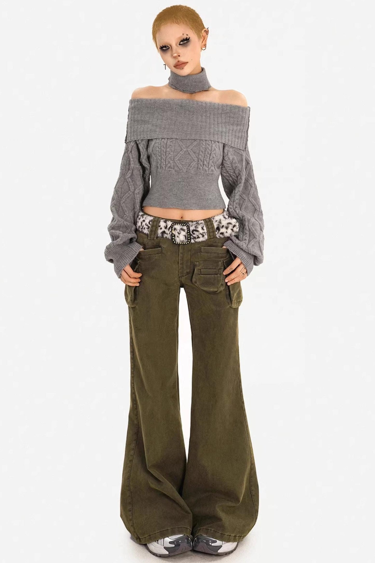 Retro Army Green Flared Pants