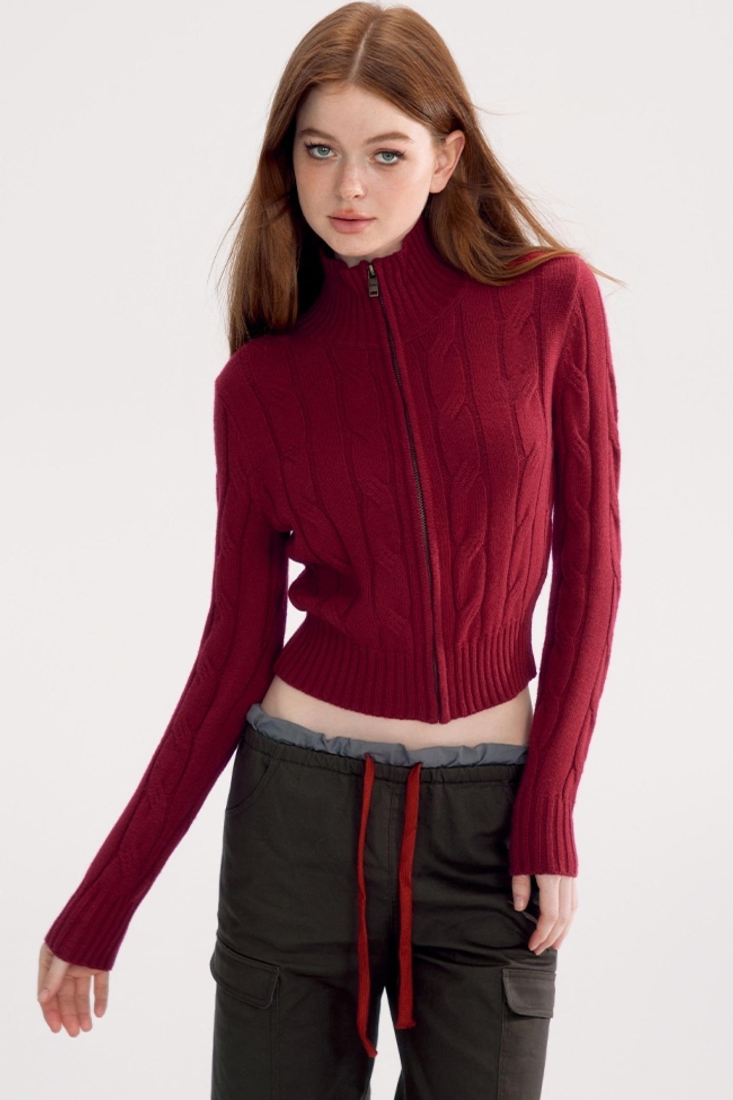 Stand Collar Cable Zip-up Knit Sweater