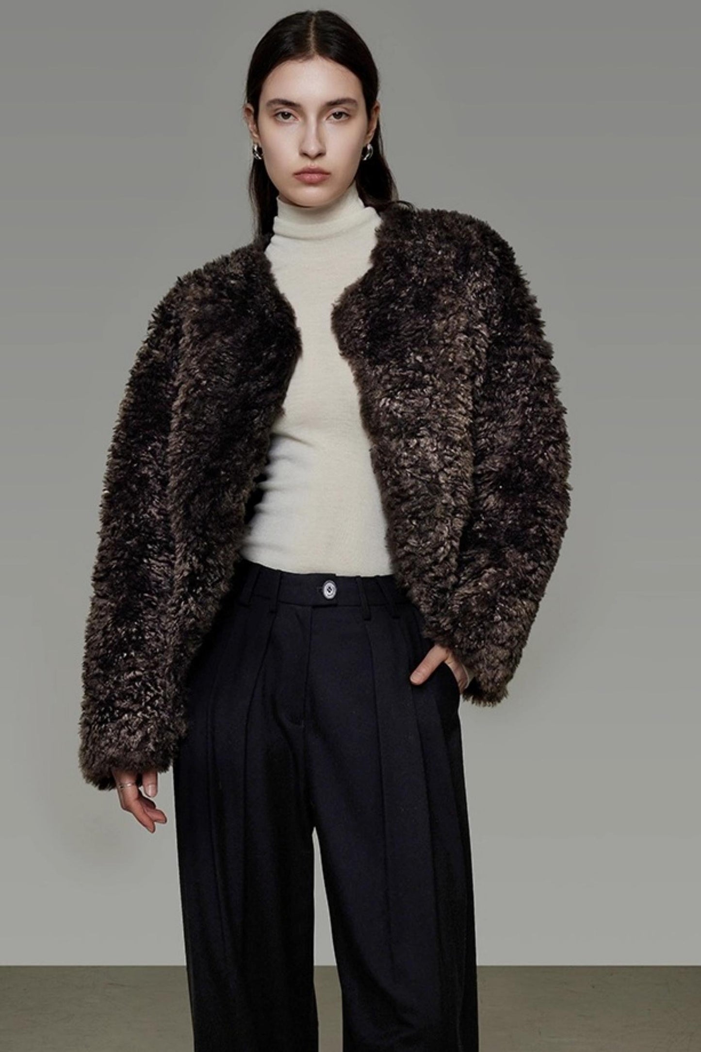 Collarless Lamb Wool Coat