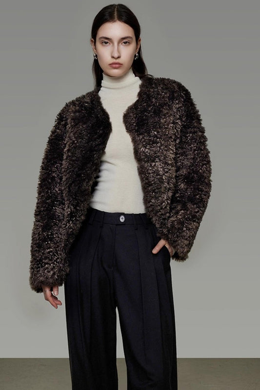 Collarless Lamb Wool Coat