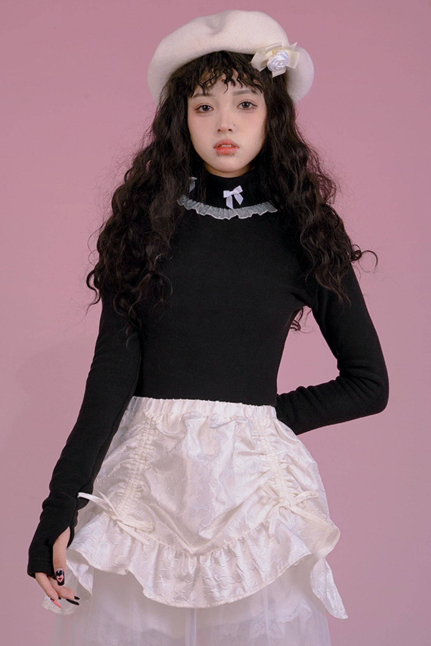 Solid Color Bow Lace Turtleneck Shirt