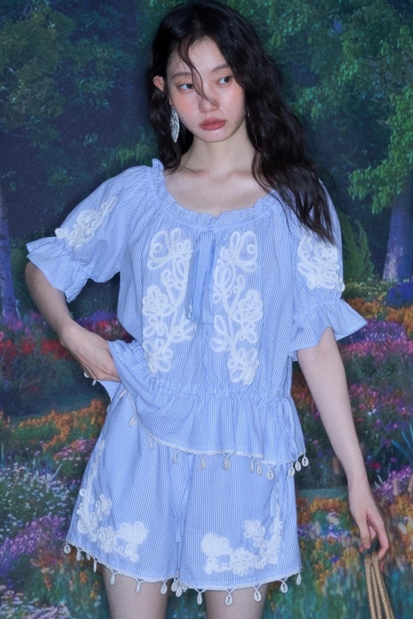 Island Flower Vine Striped Short Sleeve Top Shorts Set-Up