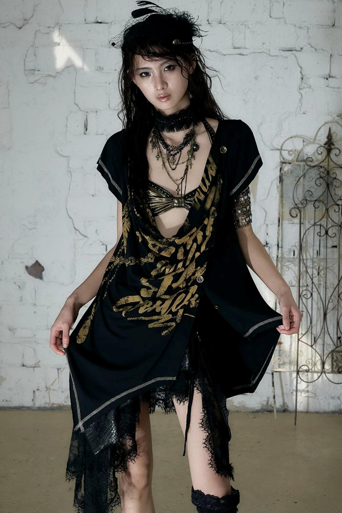 Punk Asymmetrical Neckline T-Shirt Set-Up