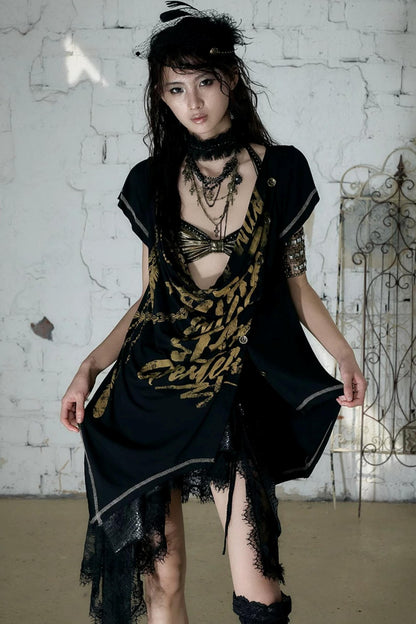 Punk Asymmetrical Neckline T-Shirt Set-Up