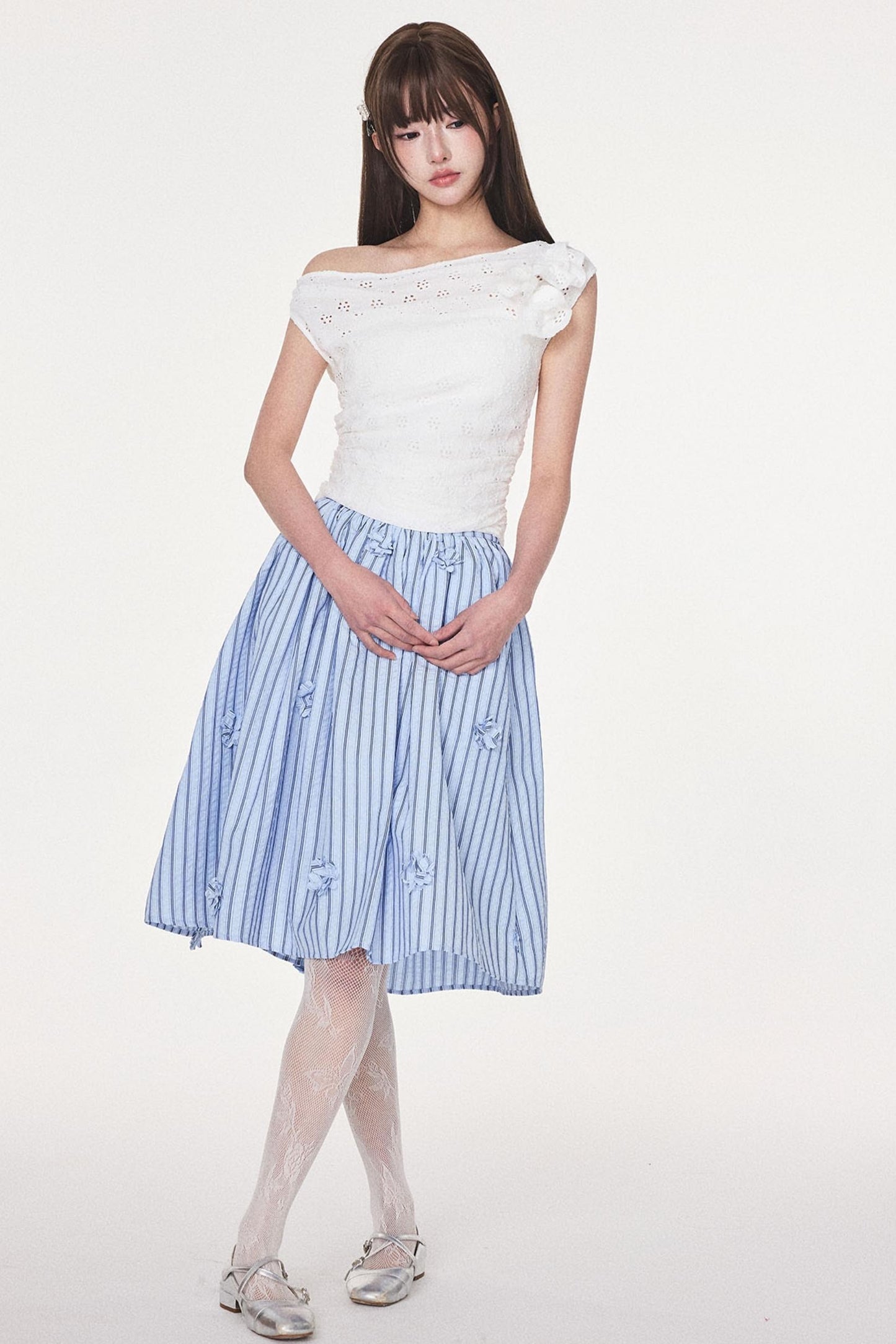 Blue Striped Flower Silhouette Skirt