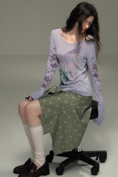 Retro Green Check Lace-Up Skirt