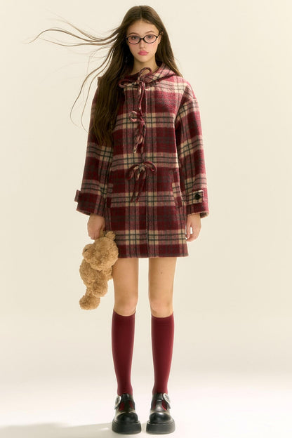 Plaid Bow Hoodie Coat Dress