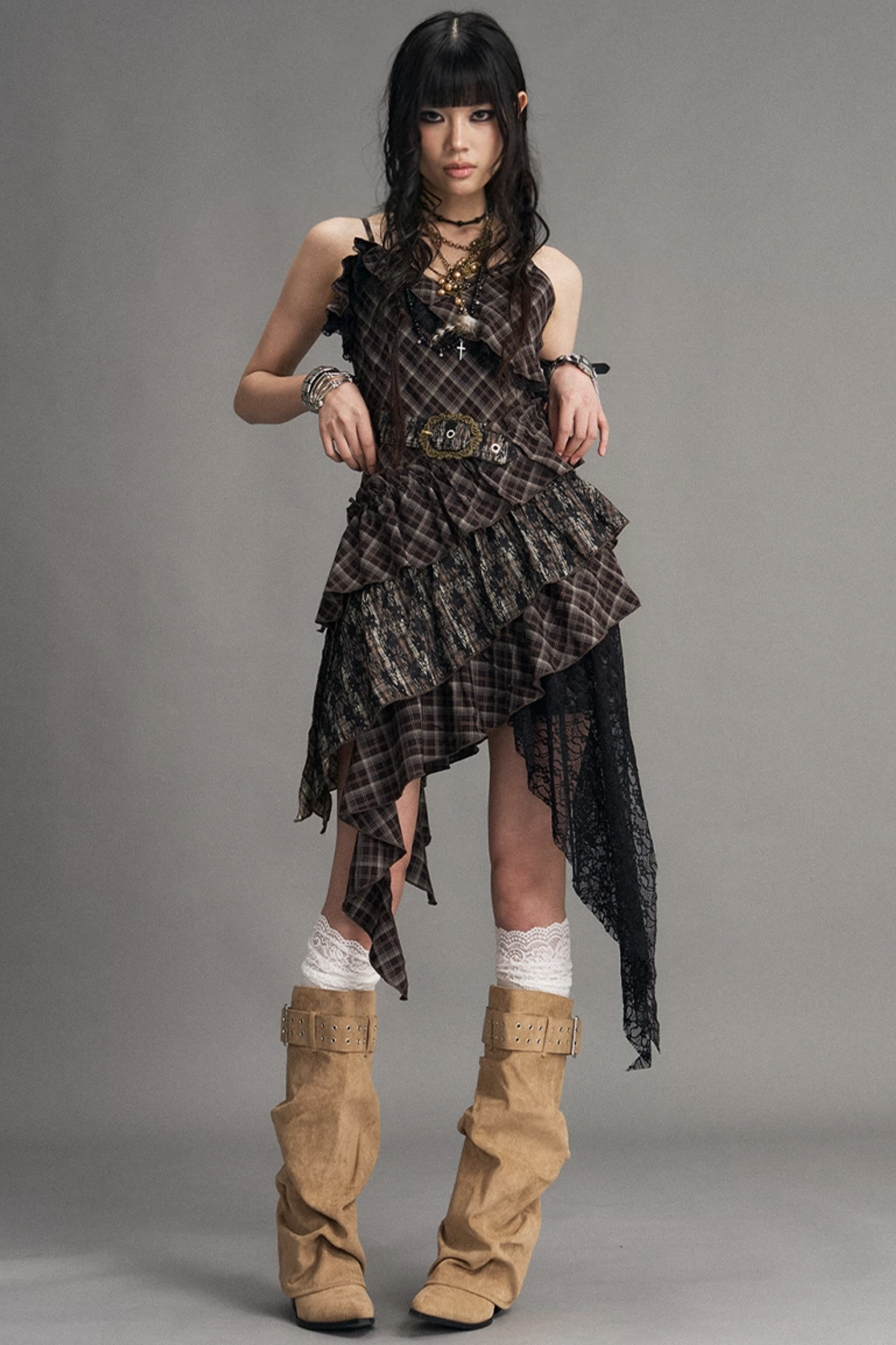 Retro Irregular Plaid Dress