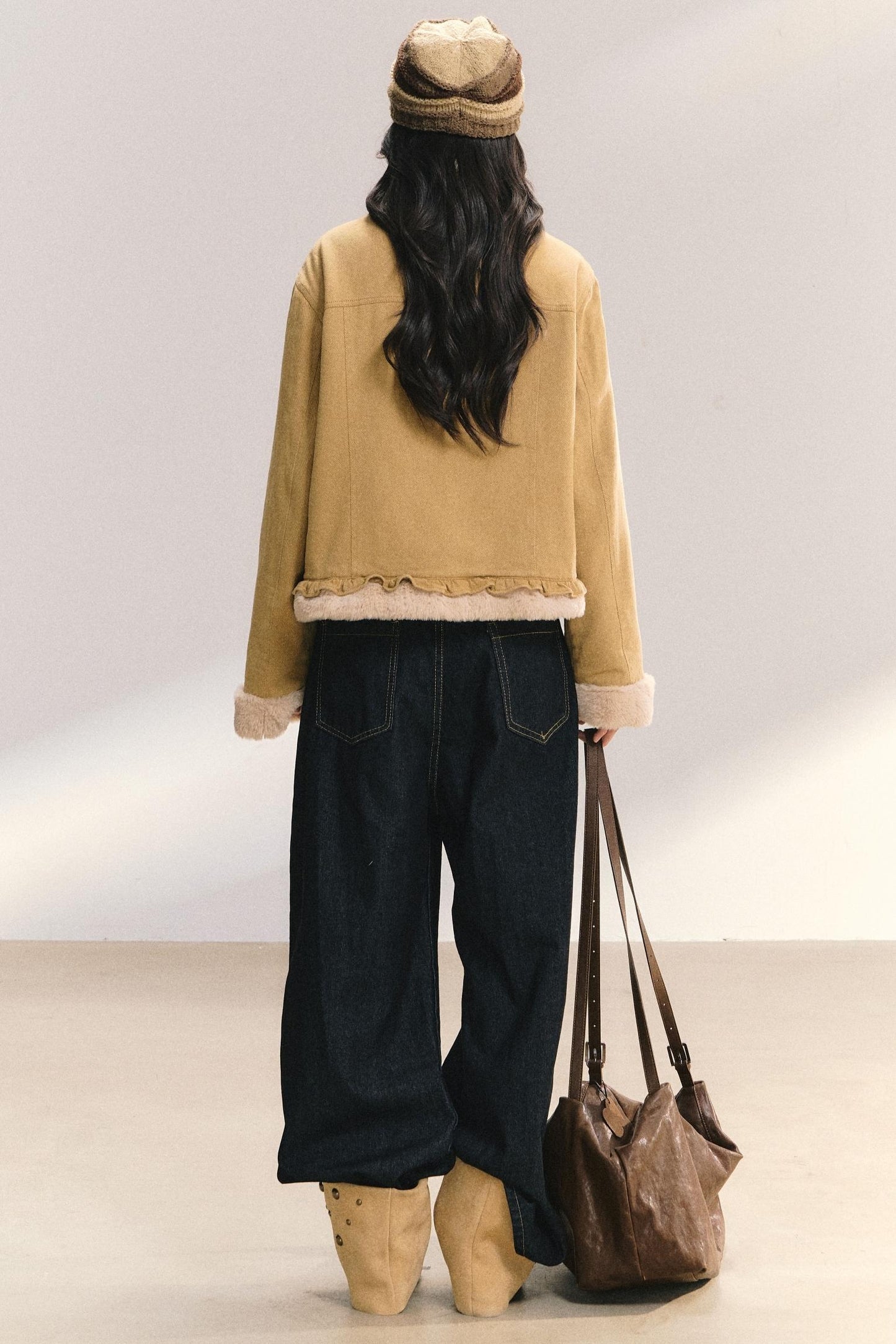 Denim Lace Trim Fur Coat